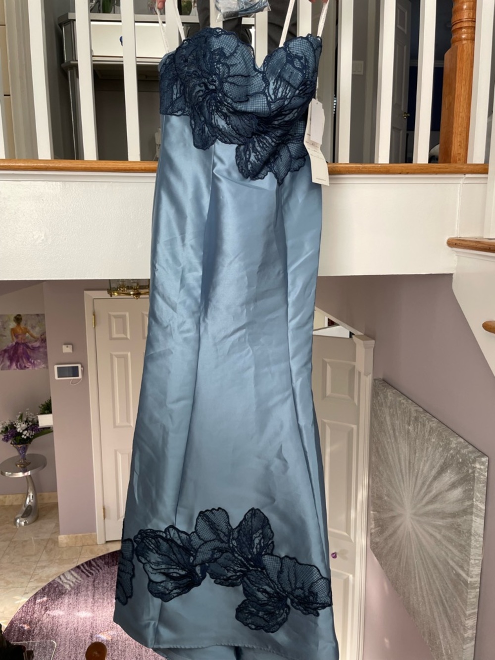 Mon Cheri Light Blue Satin Chemise with Navy Floral Lace(never worn)